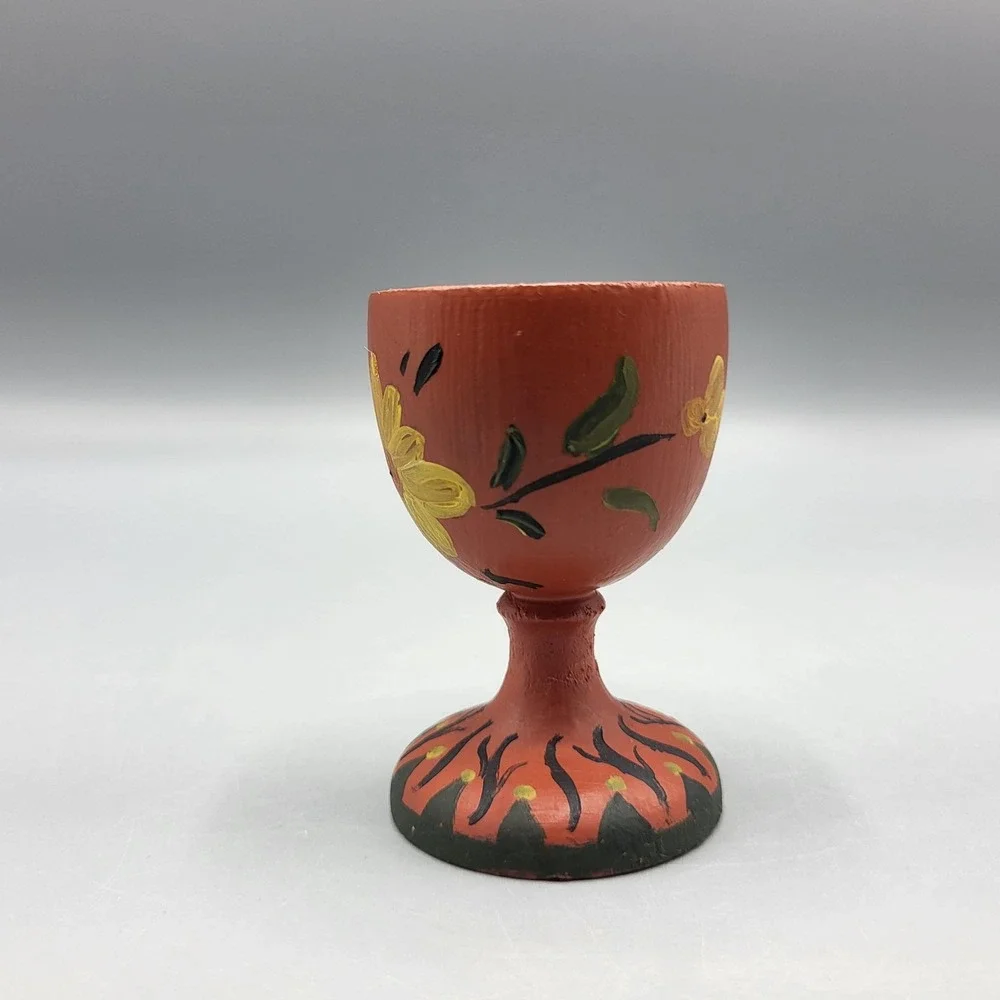 Vintage Wooden Hand Painted Egg Cup Red Floral Design Kitchen Art Folk Decor 2